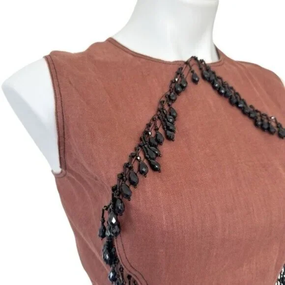 Ganni Bead Embellished Hemp Cut Out Root Beer Brown Midi Dress Size L - Picture 7 of 15